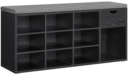 VASAGLE Schuhbank, Schuhregal mit Schublade und offenen Fächern, Sitzbank, gepolsterter Sitz, Flur, Schlafzimmer und Eingangsbereich, 30 x 104 x 48 cm, ebenholzschwarz-schiefergrau LHS024B02
