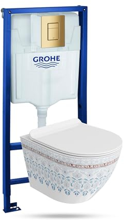 Lavita Élément mural Solido + WC suspendu Sofi Slim Folklor sans bord + abattant de WC avec système d'abaissement automatique bouton doré - Kit complet encastré - WC complet