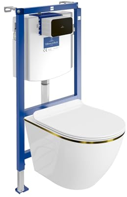 ViConnect H112 - Elemento da parete per WC da incasso con pannello di controllo + sospensione a parete per WC Sofi Slim Gold Line, senza bordi, set completo, cassetta di risciacquo da incasso, set
