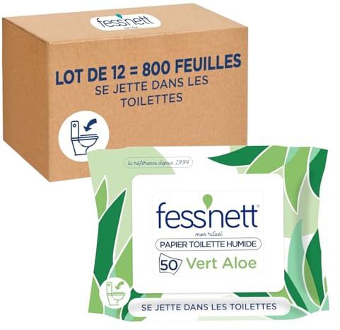 Fess'nett - Papier Toilette Humidifié - Vert Ylang - Paquet de 50 Lingettes - Parfumé et Doux - Hygiène et Confort - Facile à Utiliser - Lot de 12