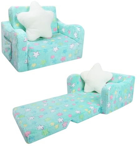 decalsweet Sofás Plegables para Niños Sillón con Almohada Estelar 2 en 1, Sillón Infantil Cómoda Estable con Bolsillo de Tela, Sofá Cama Asiento para Bebé para Dormitorio Salón,Azul Estrella
