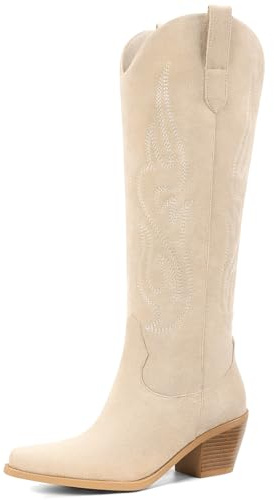 Pasuot Western Cowboy Boots for Women - Knee High Wide Calf Cowgirl Boots, Slip On Pointed Toe Chunky Heel Fashion Retro Classic Pull On Tall Boot for ladies Party concert Beige Suede US 9