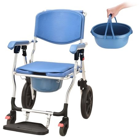 Rolling Shower Chair with Wheels, 4-in-1 Disabled Wheeled Bathroom Shower Chair for Elderly,Commode Toilet Chair with Removable Bucket, Bedside Commode Chair On Wheels for The Disabled