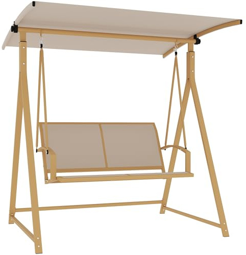 Outsunny Columpio de Jardín Exterior de 2 Plazas Balancín de Jardín Exterior con Toldo Ajustable 90° Protección UV 30+ y Estructura Triangular de Metal Carga 220 kg 160x112x162 cm Caqui