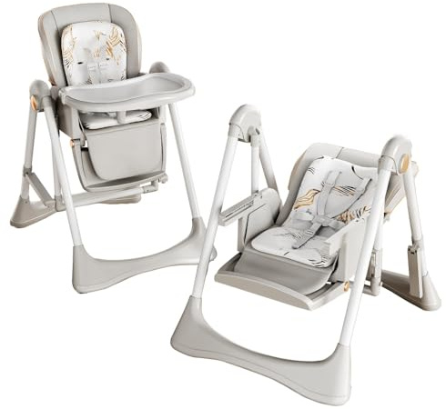 Baby Hochstuhl, 5 Höhenverstellungen, 3 Rückenlehnenpositionen, Abnehmbare Doppel Tablette, Kompakt faltbar, Schaukel- & Wipperfunktion(Grau)