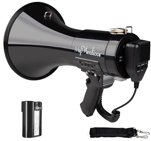 MyMealivos 50W Megaphone Speaker with Rechargeable Battery, Cover up to 1600ft Large Outdoor Space, Bulit in Sirens, 240s Recording and Sound Amplification, Supports AUX/USB/SD Card Input-Black