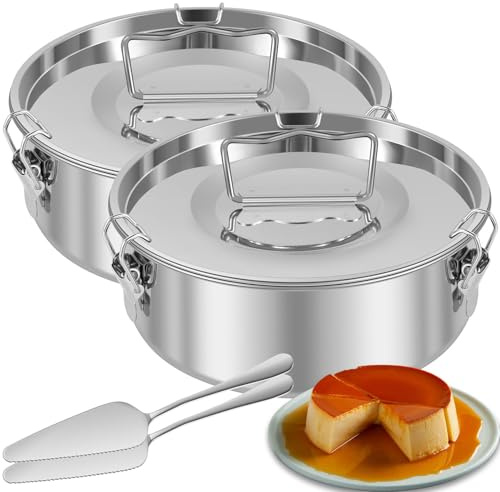 PoDhey 2 Pack Flan Pan Mold with Lid and Spatula 1.5QT Stainless Steel Molde Para Flan Molds Pans Containers for 6QT to 8QT Pot Baking with Water Bath 7.5 x 3 Inch
