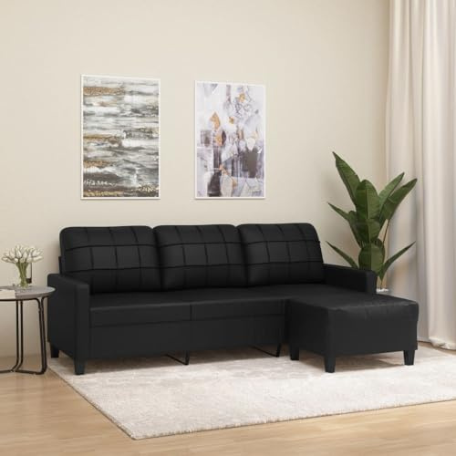 Emmtore Sofá de 3 plazas con Taburete Cuero sintético Negro 180 cm