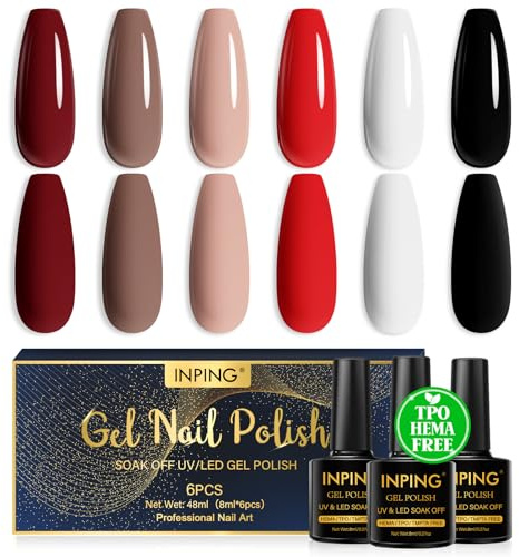 INPING Smalto Semipermante Unghie HEMA-FREE TPO-FREE, 6 Colori Scuroe Rosso Marron Nude Bianco Nero Smalti Semipermanenti per Unghie Gel Soak Off UV/LED Smalto Unghie per Novice Nail Art DIY, 8 ML