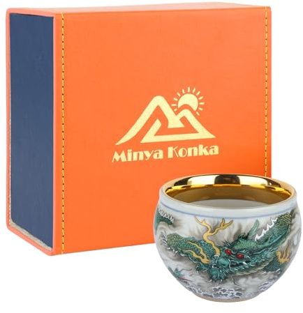 Minya Konka Chinese Dragon Tea Cup, 24K Gold Plated Rim Porcelain Espresso Cup, 5.1 oz Hand-Painted Ceramic Tea Cup with Embossed Green Dragon, Luxury Gift Set in Gift Box