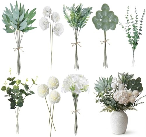55 fiori artificiali realistici di eucalipto artificiale con rami artificiali per vaso, rami decorativi, bouquet di fiori artificiali bianchi, decorazione da tavolo moderna, decorazione primaverile