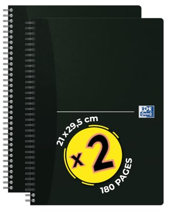 OXFORD Lot de 2 Cahiers Spirales Office Essentials A4 Petits Carreaux 5mm 180 Pages Couverture Carte Noir