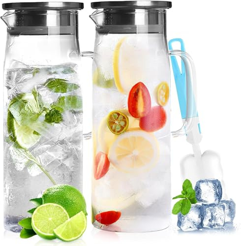 2PCS 1,5L Caraffa in Vetro Borosilicato Con Coperchio, Brocca d'Acqua Con Spazzola per Tè Ghiacciato, Acqua Calda Fredda, Succo