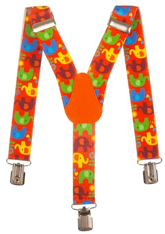 Olata Bretelle per Bambini a Forma di Y, Elastiche, Motivo con Elefanti (1-5 Anni), 2,5 cm. Arancione