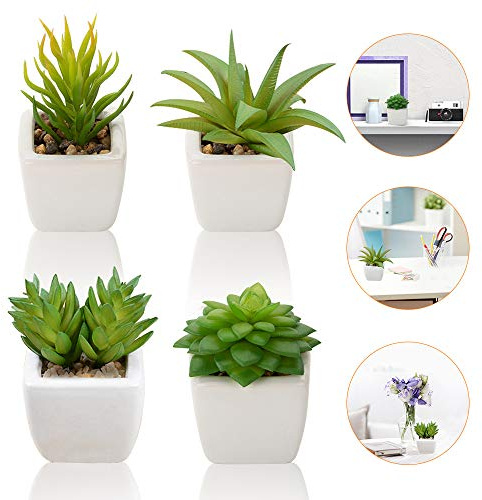 Artificial Succulent Plants, Set of 4 Small Fake Plants Mini Potted Succulent Plants with White Ceramic Pots, Decorative Fuax Plant for Home House Table Balcony Office indoor Outdoor Decor Accessories