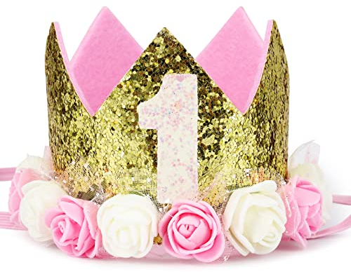 yumcute 1 år födelsedagskrona barn födelsedagspresenter till barnens födelsedag, 1 år födelsedag krona baby party födelsedag dekoration för 1 födelsedag flicka, rosa födelsedagskrona för flickor