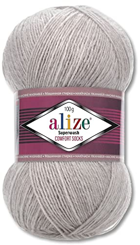 Wohnkult Alize 100 g Superwash Comfort Sockenwolle 33 Farben zur Auswahl EIN-/Mehrfarbig (21 | Grau Melange)