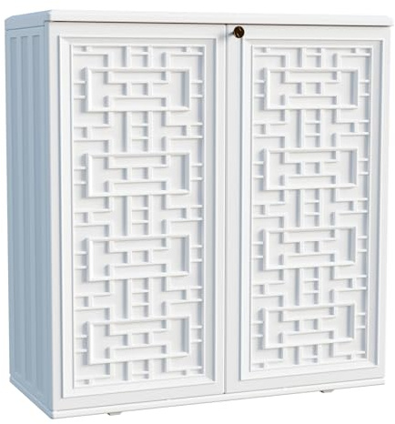 Mrosaa Indoor Outdoor Storage Cabinet Waterproof with Shelf, Off White Plastic Outdoor Cabinets for Patio/Garden/Backyard, Size 34.3''L*15''W*36.2''H