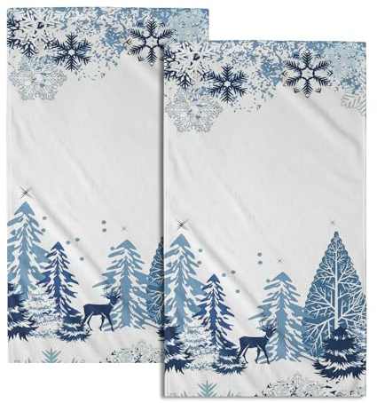 Giwawa Winter Schneeflocke Handtuch Set von 2 Xmas Hirsch Elch Mikrofaser Größeres Handtuch Weihnachtsbaum Elch Blau Fingerspitze Handtuch Schnell Trocknend Wildtiere Waschlappen für Badezimmer Spa