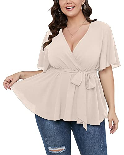 SCOMCHIC Women's Plus Size Short Sleeve V Neck Wrap Belted Ruffle Peplum Blouse Tops Nude