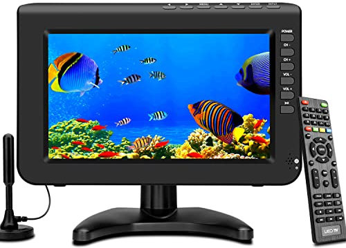 Jexiop TV portatile da 10,1 pollici, schermo 720P, piccolo televisore con antenna e sintonizzatore ATSC digitale, porta USB HDMI, cavo di ricarica da 12 Volt / alimentazione CA per roulotte e cucina