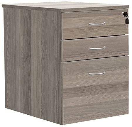 Heavy Duty 3 Drawer (1 for Filing) Mobile Pedestal Filing Cabinet, File Cabinet, Office Cabinet with Anti-Tilt Mechanism & Lockable Office Storage, 5 Year Wty, Grey Oak