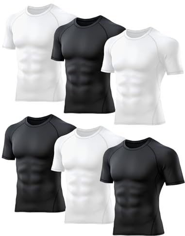 TELALEO 6 Pack Men's Compression Shirt Short Sleeve Athletic Baselayer Sports T Shirts Workout Tops for Men Black White XL