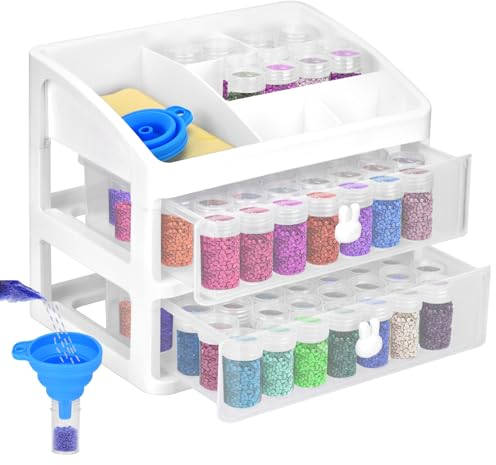 Queta Aufbewahrungsbehälter für Diamantmalerzubehör, 2 Schubladen mit 96-Schlitz-Perlen-Aufbewahrungsflaschen und Diamantkunst-Werkzeugständer, Farbe Aufbewahrungsbox mit Trichter, tragbare Stickerei