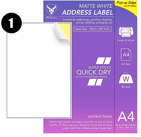 A4 Sticker Paper for Printer - 100 Sheets White Matte Self-Adhesive Address Labels | 1 Label Per Sheet | Printable Sticker Paper for Printing