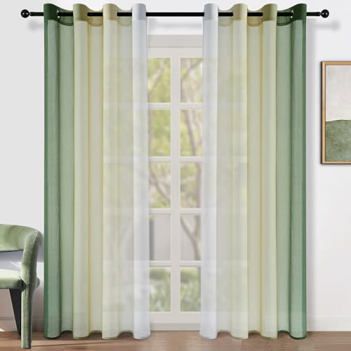 Topfinel Gardinen Wohnzimer Vorhang Grün Farbverlauf Transparente Vorhänge mit Ösen Schlafzimmer Gardine 160 cm Lang Curtains & Drapes Übergardinen 140 Breit Schlaufenvorhang Fenstervorhänge