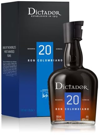 Dictador 20, 700 ml, Rum Scuro Artigianale Premium, Note di Caramello, Cacao e Miele, Rum Colombiano Invecchiato fino a 20 anni in Botti ex-Bourbon, Finish in Botti ex-Porto, Idea Regalo, 40% Vol.