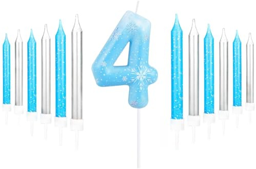 Blue Snowflake Birthday Candle, Shiny Blue Gradient Snowflake Number 4 and Long Stick Candle, Birthday Surprise Party Supplies for Boys Girls Baby
