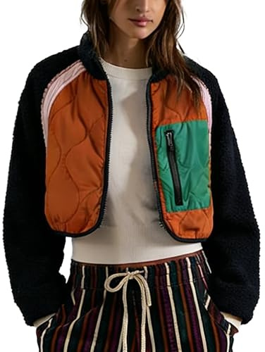 TIQOJE Womens Fleece Jacket Cropped Zip Up Long Sleeve Y2K Jackets