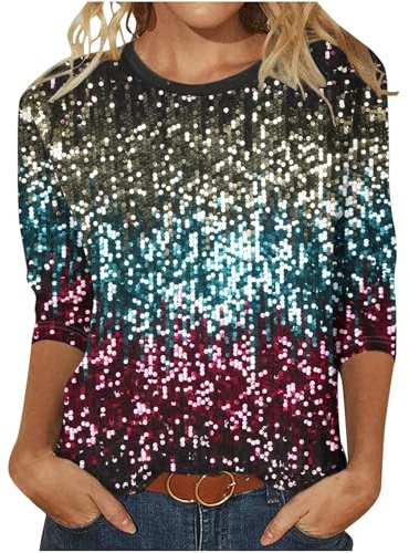 Saxrel Ladies Sparkly Tops Crew Neck Sequin Tshirt Gradient Party Wear Womens Sparkly Tops Women's Tops 3/4 Sleeve Glitter Tops Tunic Top Shinning Blouses for Women UK Sequin Top