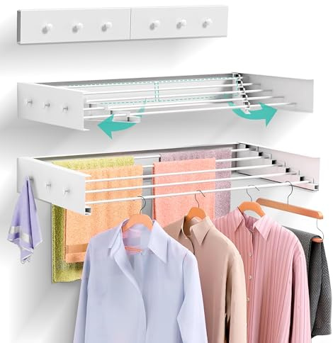 JUPPLIES Klappbarer Ausziehbarer Wandwäschetrockner 120 cm – Wandtrockner für Innen- und Außenbereich – Platzsparendes Design mit 30 kg Tragfähigkeit (Weiß, 120 cm) (weiß mit Kleiderbügeln, 120)