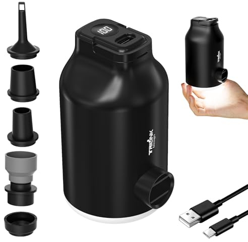 Mini Portable Air Pump for Inflatables - Compact, Rechargeable, Fast Inflation & Deflation with 5 Nozzles, LED Light, Auto Shut-Off for Air Mattresses, Air Pillows, Swimming Rings