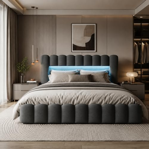 KRYZOR Letto imbottito 160 x 200 cm con contenitore, letto matrimoniale 160x200 baule con LED,Spazio utile,Letto Idraulico con Rete a Doghe e Telaio in Metallo, Senza Materasso (Grigio, 160x200 cm)