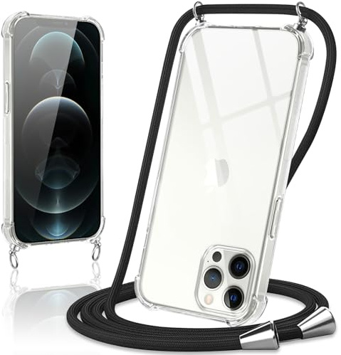 Coiwxmoi Coque avec Cordon pour iPhone 12 Pro Max, Collier Réglable Téléphone Étui Portable Lanyard Case Transparent Ultra Souple Silicone TPU Housse Antichoc Protection Cover, Noir