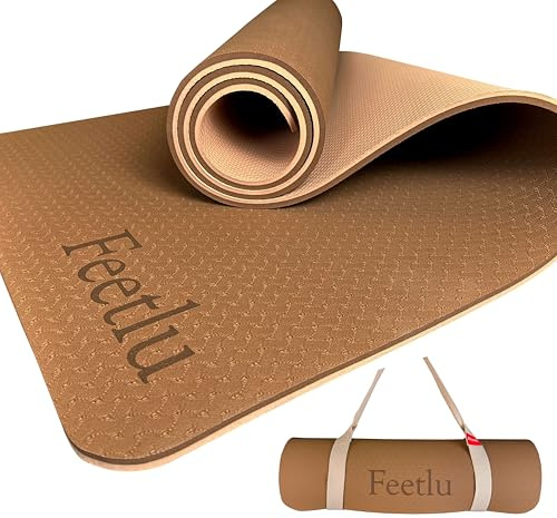 Feetlu Extra Thick Exercise Yoga Mat with Strap - 2/5 Inch (10MM), Non-Slip Workout Mat for Yoga, Pilates, and Floor Exercises(Coffee/Cream)