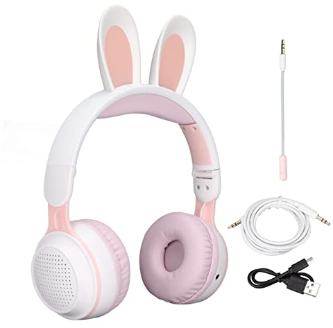 Ejoyous Trådlöst Headset för Barn, Stödminneskort, Hörlurar med Kaninöra, HD Sereo-ljud, Multifunktionellt, Lång Batteritid för Onlineinlärning för PC för Surfplatta (Vit Rosa)