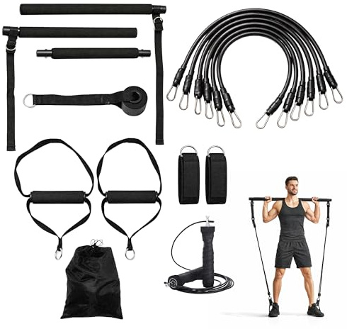 Kit Gimnasio en Casa con Bandas de Resistencia Musculación - 6 Gomas Elásticas Fitness con Barra, Comba y Accesorios – Set Entrenamiento Fuerza, Cardio y Calistenia - Incluye Correas Tobillo