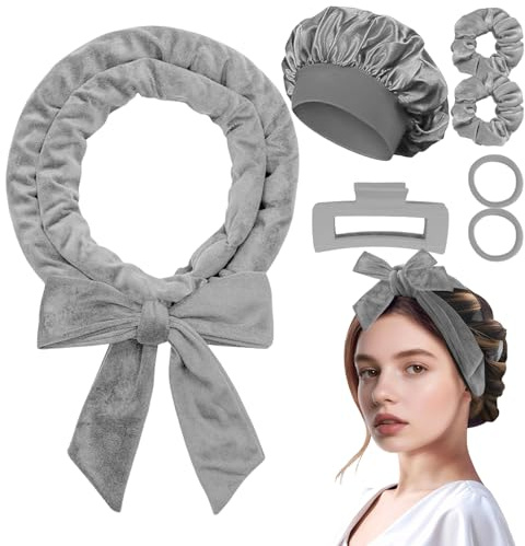 CENCERY Kit Boucleur sans Chaleur pour Cheveux Longs, Ruban à Boucler Overnight avec Barrettes, Elastiques et Bonnet de Nuit, Bigoudis Sans Chaleur pour Ondulations Souples, Gris