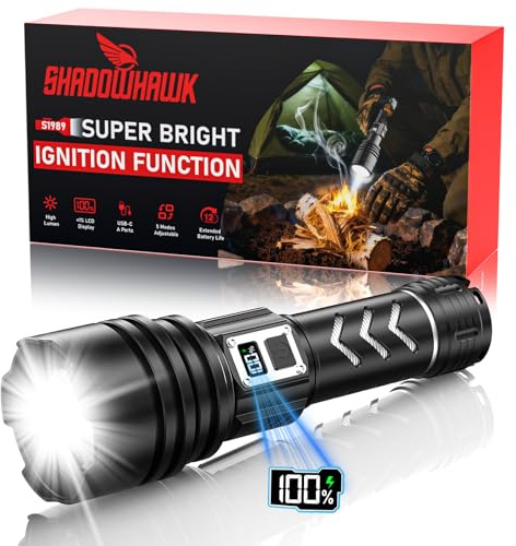Shadowhawk Taschenlampe Led Aufladbar 1,000,000 LM - 50W Taktische Taschenlampe Extrem Hell, 1000m Weitschuss & 12H Laufzeit, IP67 LCD-Display flashlight für Survival/Outdoor/Camping, Mit Zündfunktion