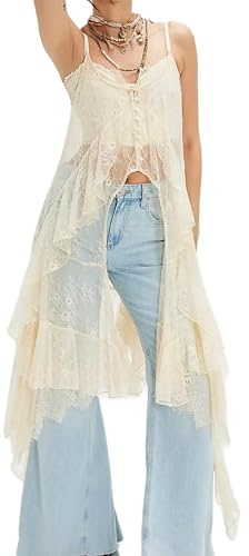 Alaurbeauty Top maxi de encaje para mujer, con tirantes delgados, transparente, fluido, sin mangas, floral, transparente, combinable