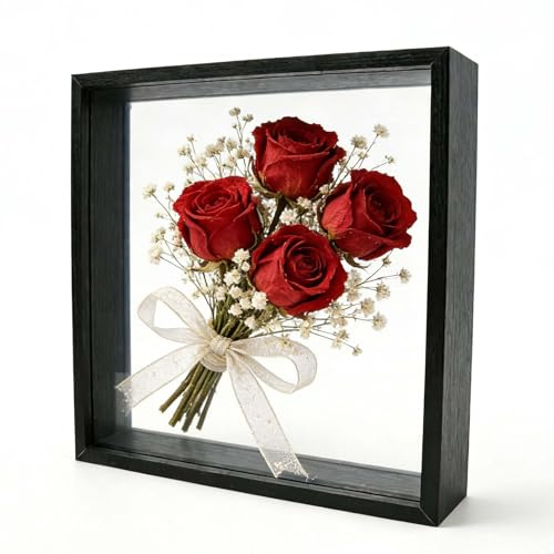 Marcos con Profundidad 5cm, Marcos para Cuadros 3D para Objetos, Marco de Fotos Madera para Rellenar, Marco de Profundo para Mesa Pared, Marco de Caja de Sombra para Medalla Flor (Negro,25 x 25 cm)