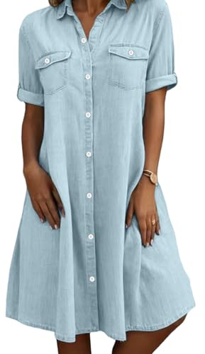 Générique Robe Femme Jean Été Décontractée,Robe Chic Col Revers Boutonnée Manches Longues avec Poches Robes Couleur Unie Coupe Fluide Et Légère Respirante Confortable pour Vacances Dress