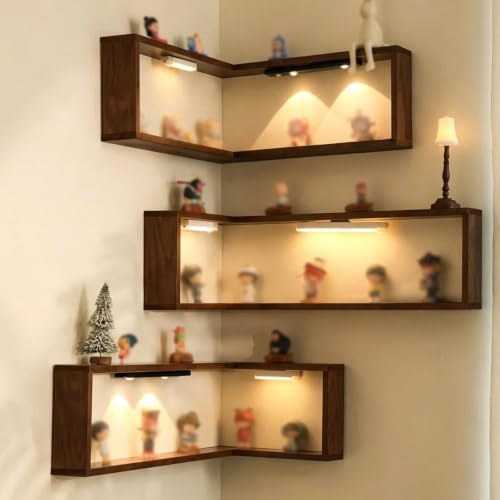 Massiv trä vägghylla för hörn med LED-belysning, 2 modeller Konkav/Konvex L-form, 2 färger Valnöt/Natur Ek, förvaringshylla för minifigurer och blindboxar, sovrum vardagsrum lekrum(Brown,Small)