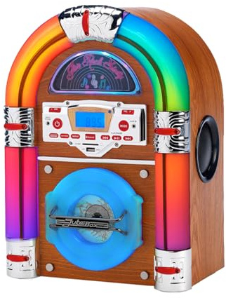 Steepletone Jive Rock Sixty XP LIGHT Wood, Table Top Mini CD Jukebox & Bluetooth Playback, Multi COLOUR CHANGING Light Tubes. FM Radio, Mains Electric, Earphone, Remote Control. Music Streaming