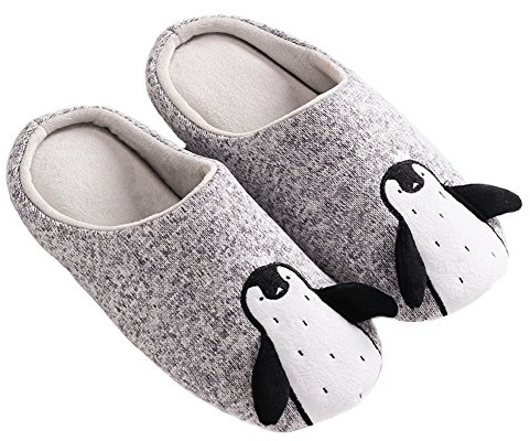JadeRich Unisex söt pingvin djur hem skor mysiga fleece varma fluffiga inomhustofflor, Grå öppen rygg, 40/41 EU