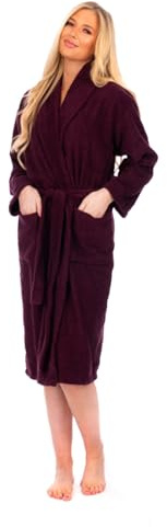 Adore Home Ladies 100% Cotton Bathrobe Terry Towelling Shawl Collar Bath Robe Dressing Gown, Aubergine, L